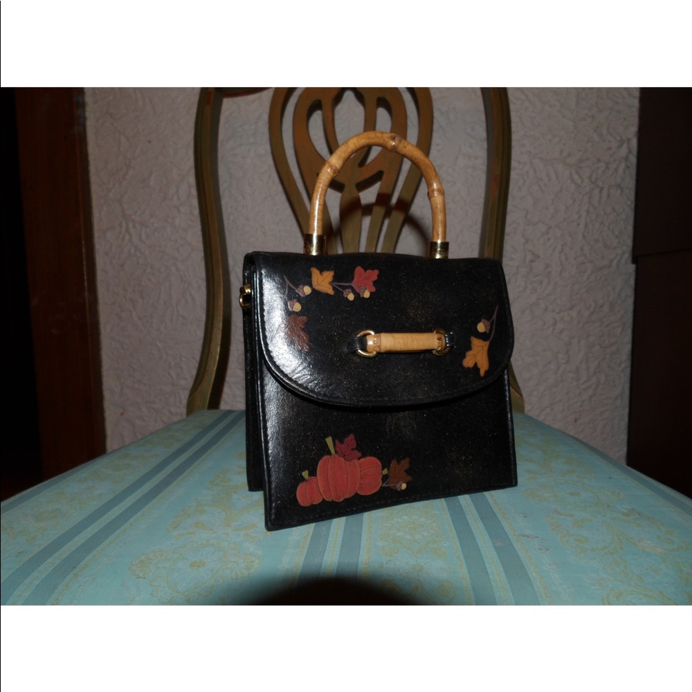 Autumn themed, black, leather, handbag